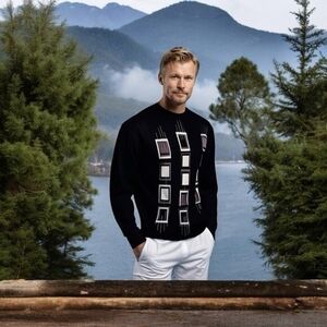 Tagio Men's Black White Grey Textured Pattern Sweater XL Cotton Acrylic VG